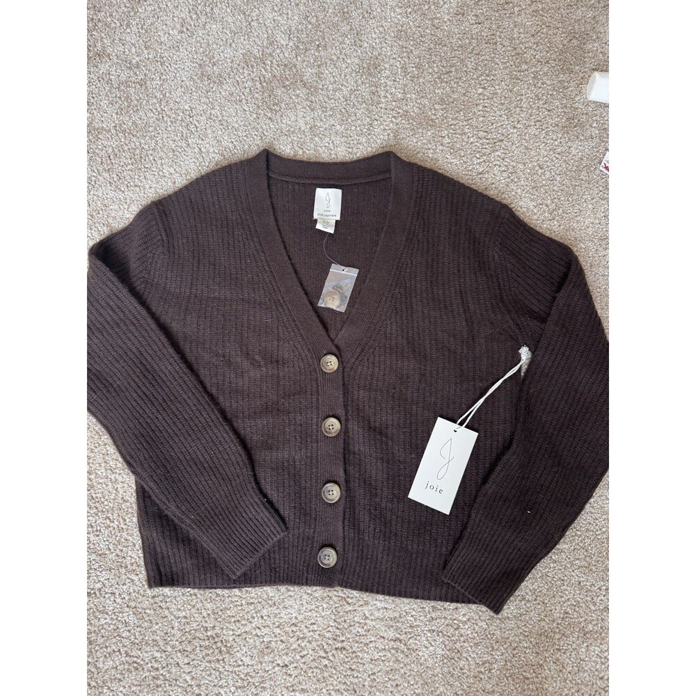 Joie Cashmere Cardigan Brown Ribbed Knit V Neck Button Womens Small NEW minimal